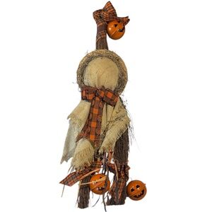 Rustic Scarecrow Broom with Orange Accents